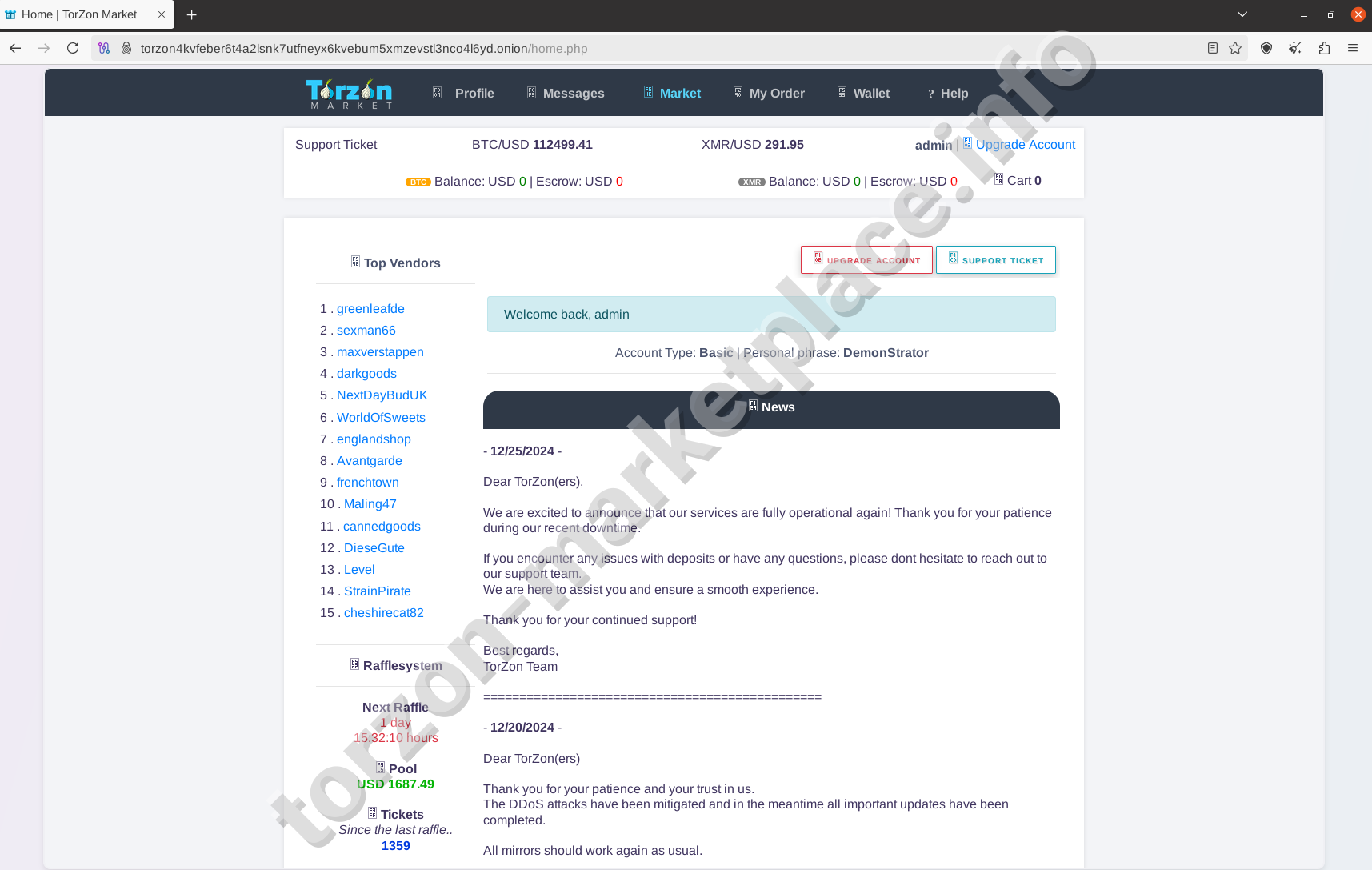 Torzon Darknet Market Home Dashboard Interface